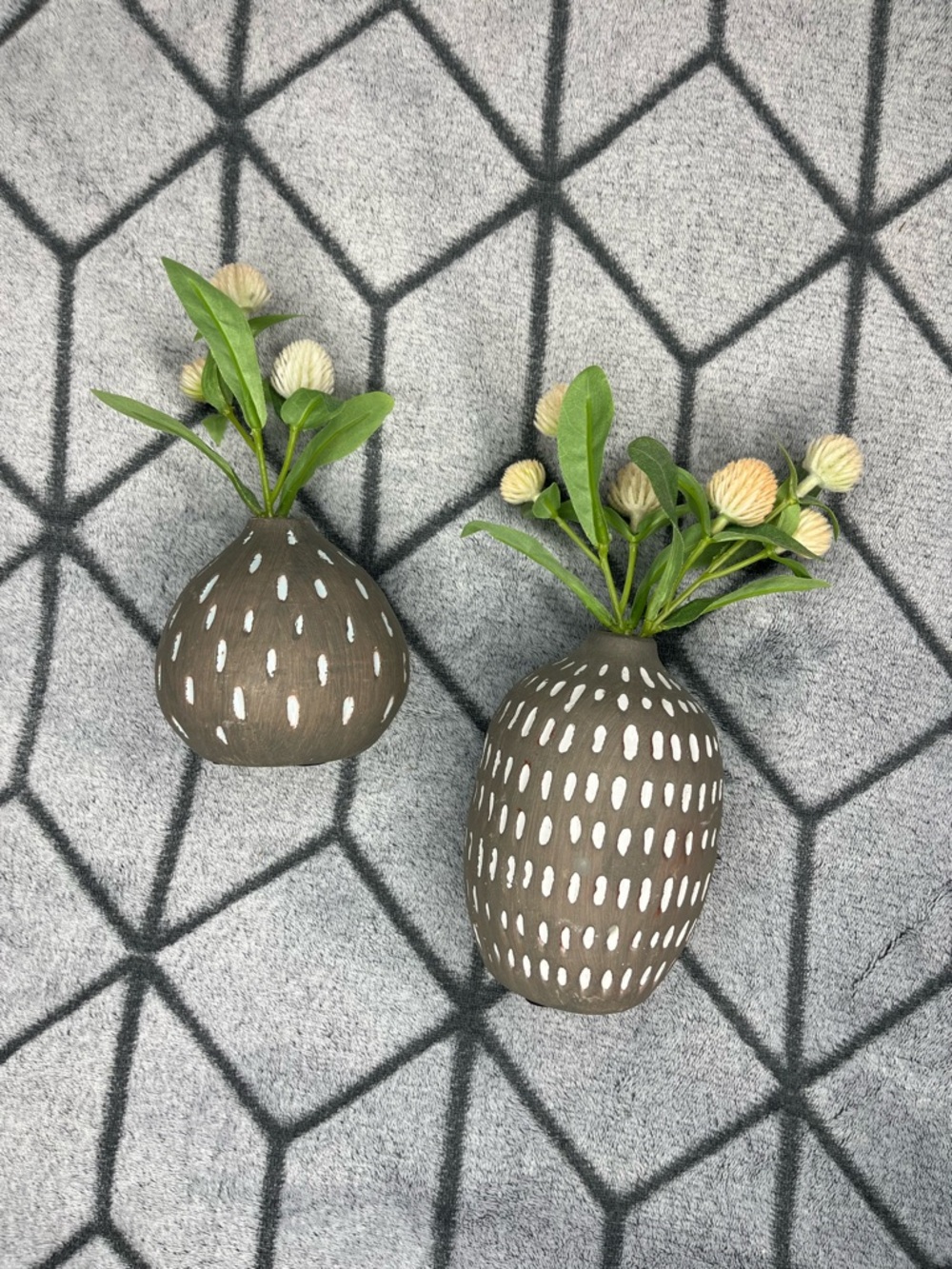 Set of 2 Brown Grey Ceramic Vases with White Dash Pattern Modern Aesthetic